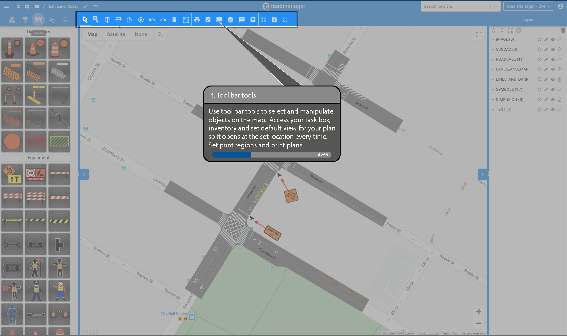 Use bar tools to select and manipulate objects on the map.